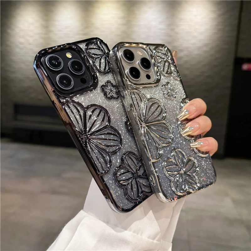 

For iPhone 15 Pro Max Luxury Flash Glitter Flowers Square Plating Frame Phone Case For iPhone 11 12 13 14 Soft Protective Cover