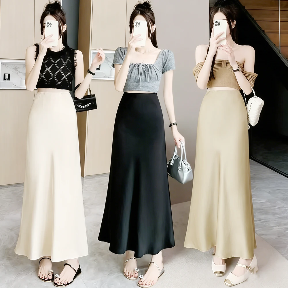 Acetic Satin Fishtail Rock Damen Koreanische Mode Elastische Hochtaillierte Röcke für Frauen Frühling/Sommer 2024 Neue Schicke Damenröcke