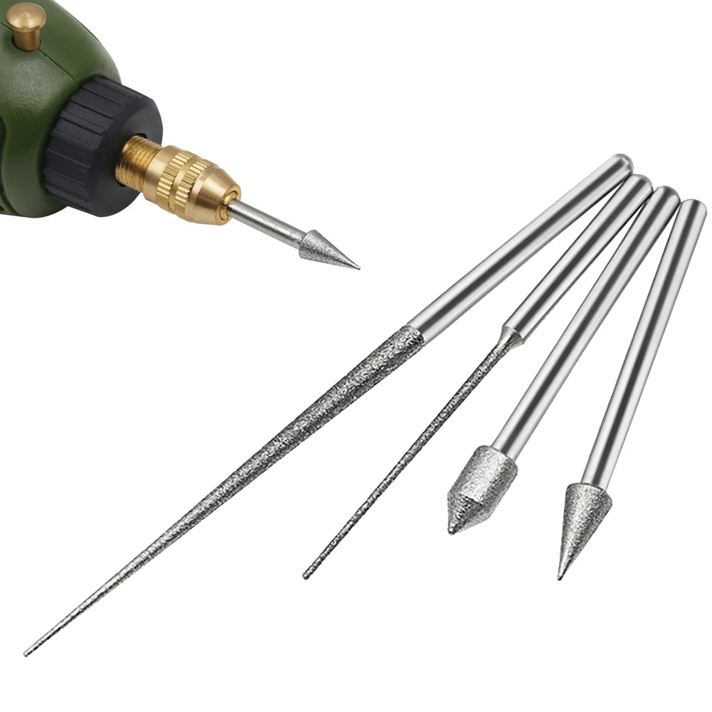 4pcs 3mm Shank Carving Needle Grinding Rod Mini Drill Diamond Engraving Drilling Diamond Tip Reamer Needle Rotary Power Tools