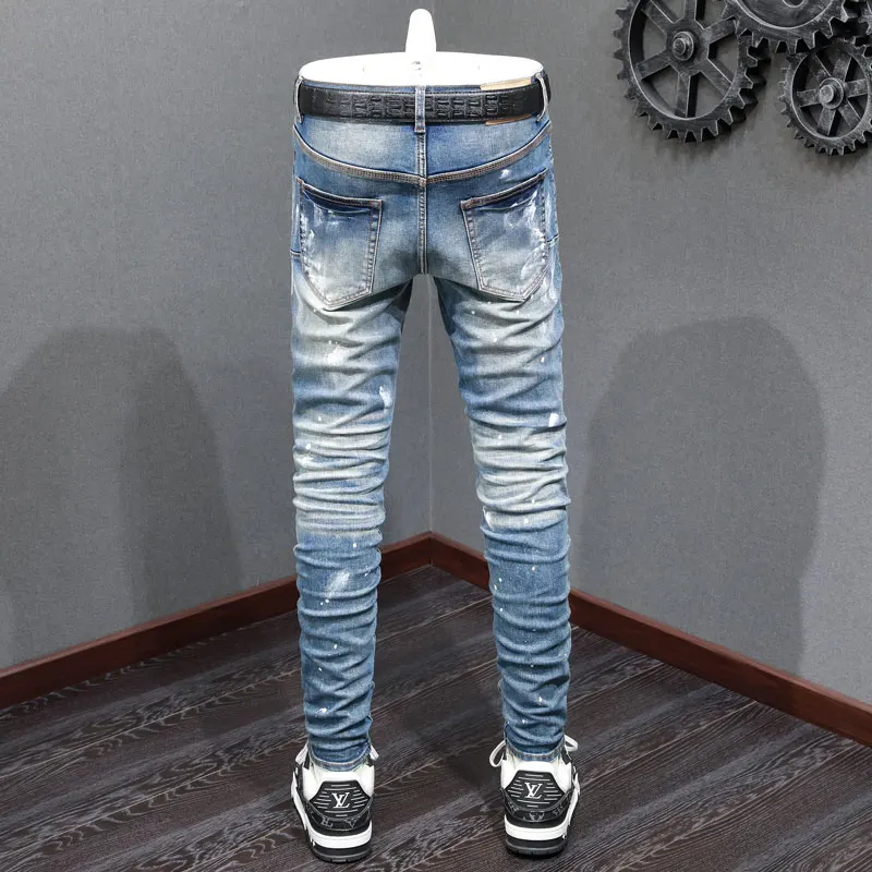 High Street Fashion Men's Jeans Vintage Blue Elastic Slim Fit Split Jeans Men's Painted Designer Elastic Hip Hop Brand Versatile