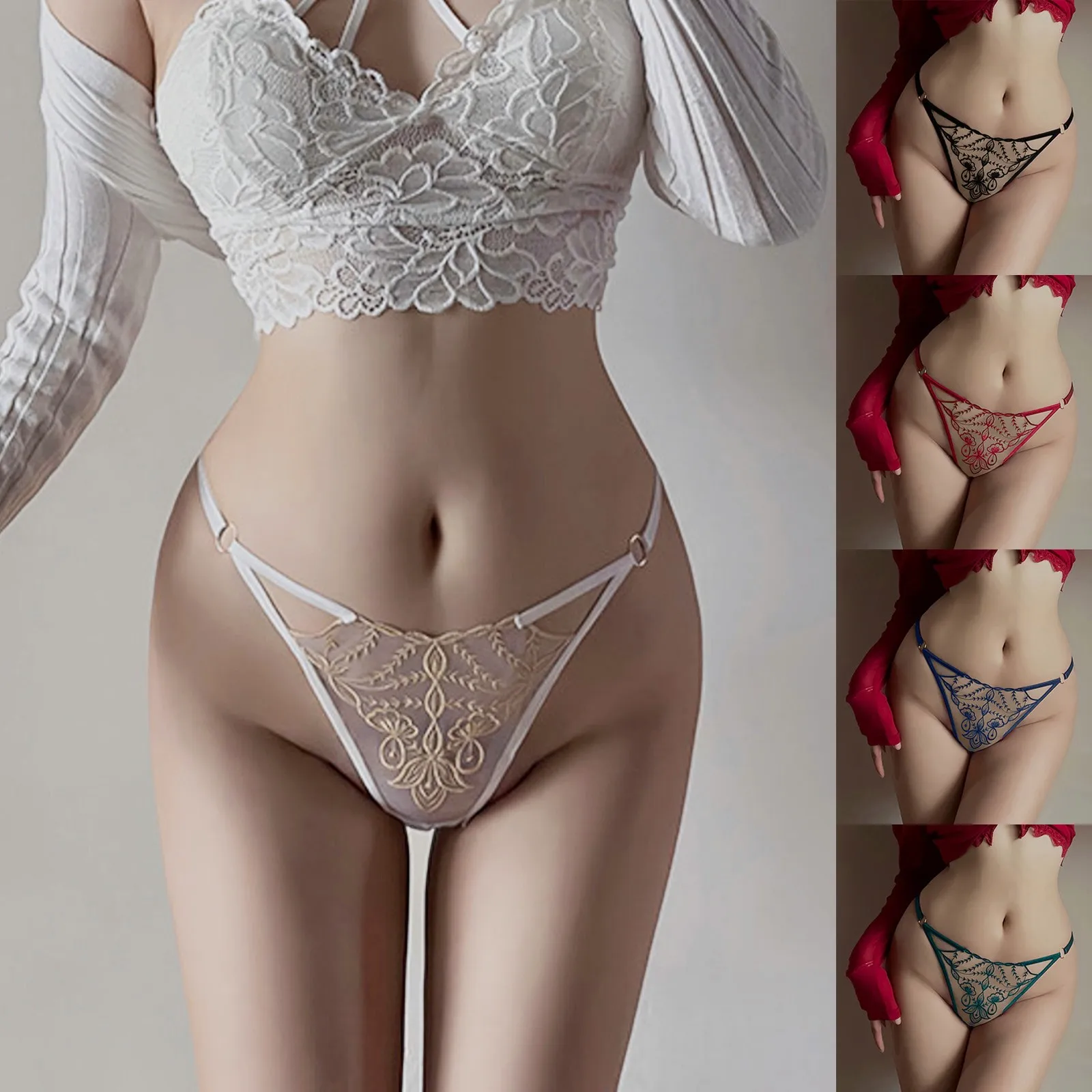 

High Grade Color Contrast Embroidery Breathable Tulle Sexy Underwear Ladies Low Waist Cotton Crotch Cross Cut Hollow Out Panties