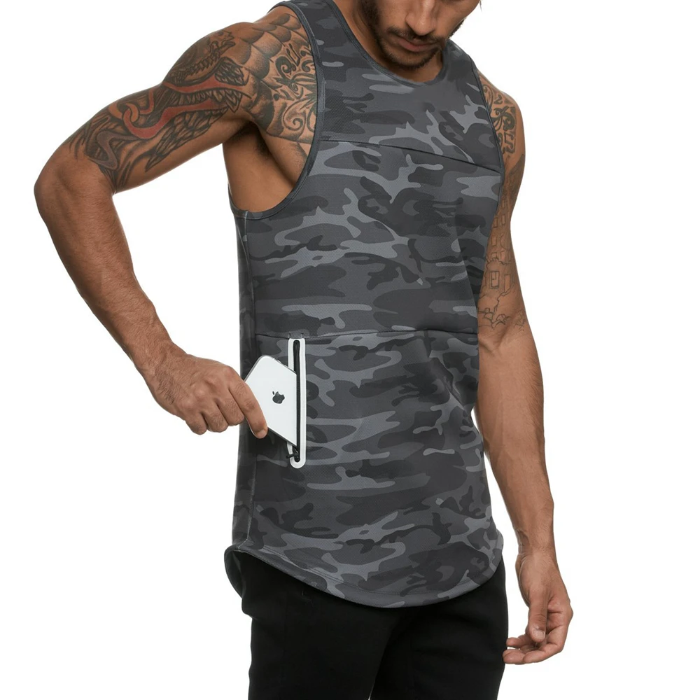 Men\'s Running Vest Gym Camo Black Tank Tops Bodybuilding Fitness Slim Workout Quick Dry O-Neck Sleeveless Shirts With Pockets