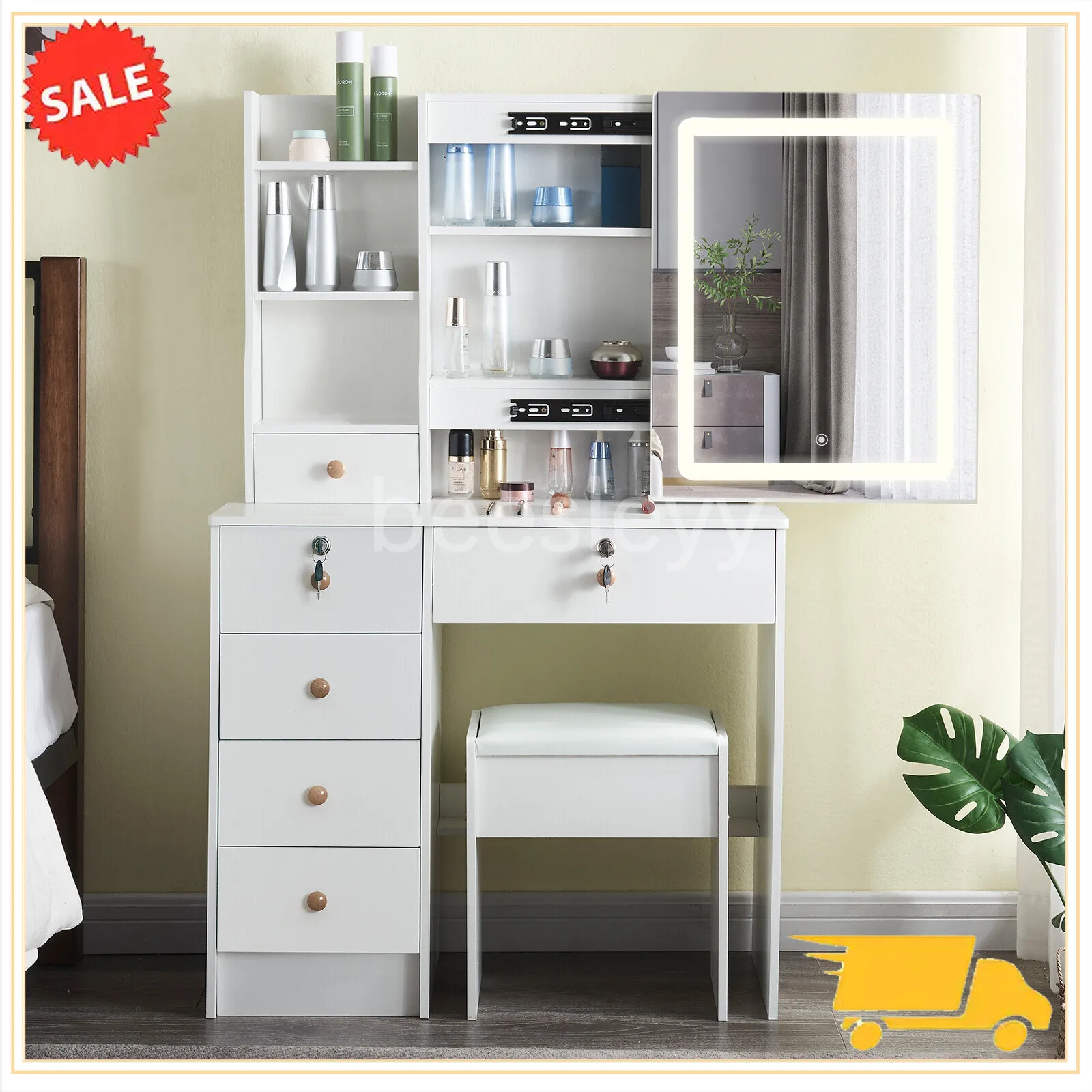 Dressing Table Mirror with Lights Stool Makeup Vanity Set Desk Organizer Dresser 2