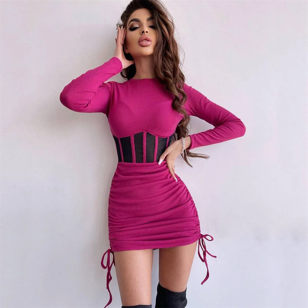 Shirring Mesh Hollow Out Bodycon Dress Women O Neck Long Sleeve Mini Vestidos Ribbed Hot Sexy Dresses Fashion High Street Wear 4