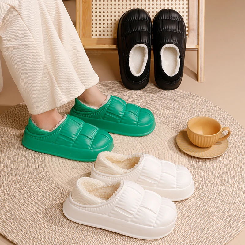 Waterproof Non-Slip Winter Home Shoes Women Comfort Soft Sole Plush House Slippers Woman Solid Color Warm Cotton-Padded Shoes 6