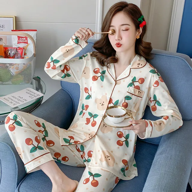 New 2021 Spring Summer Cotton 2 Piece Pajamas Set Women New Printed Colorful Sleepwear Long Sleeve Pajamas Female Sleep Homewear C ZD caomeixong