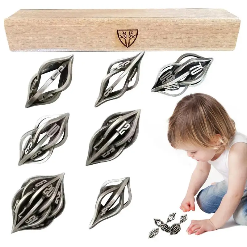 

Metal Dice Set 3D Printed Carved Metal Dice Set Mystery Dice Set With Wooden Storage Box Hollow Arcanum Dice Set Multi-sided