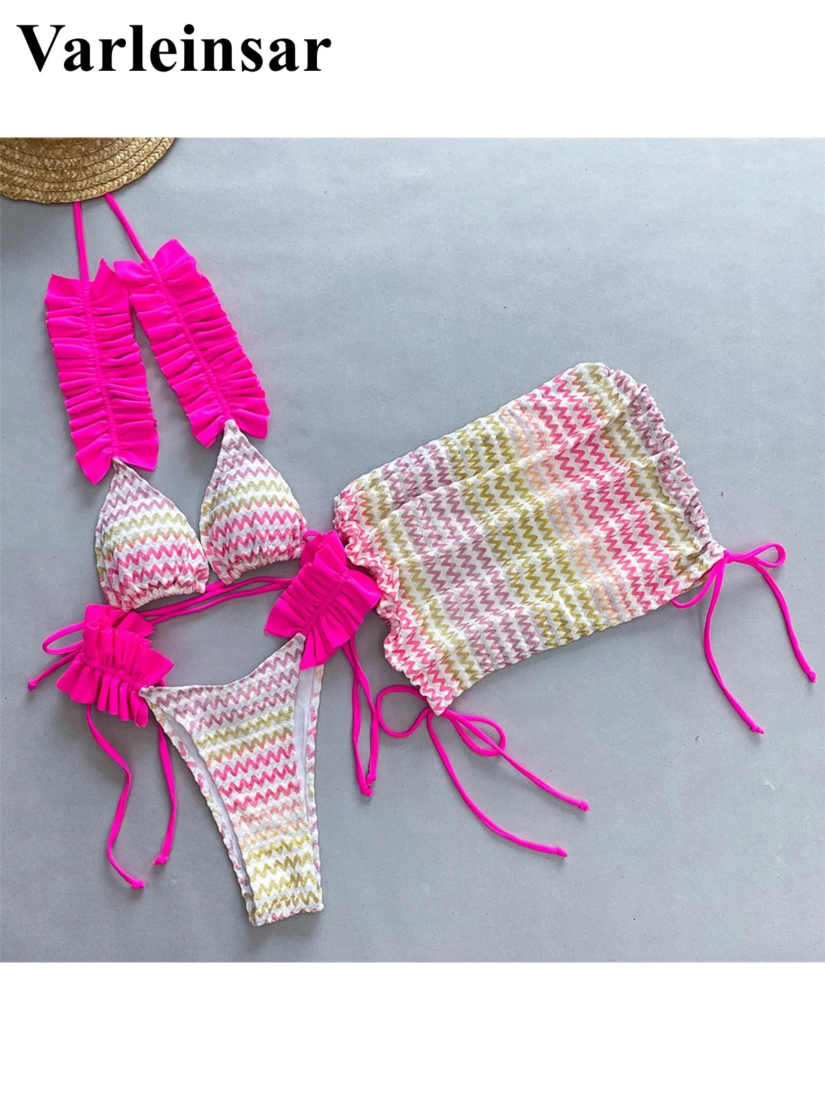 Mit Rock, gewelltem, gerüschtem Bikini, Damen-Badeanzug, Damen-Badebekleidung, dreiteiliges Bikini-Set, Badeanzug, Badebekleidung, Schwimmanzug V5235