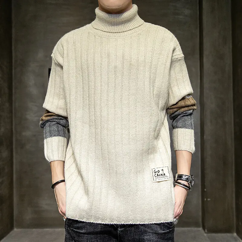 2023 Autumn Winter New Men's Pullover Loose Trendy Korean Casual Long Sleeved Patchwork Striped Knitted Turtleneck Sweater Tops