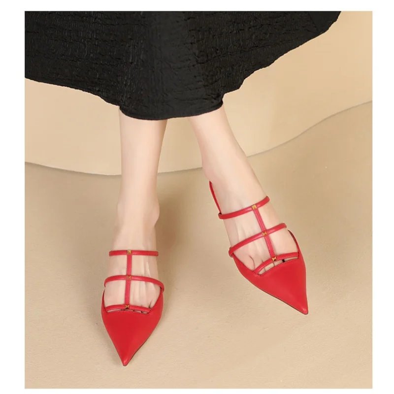 2024New Genuine Leather Pointed Rivet Sandals with Thin Band Headband Back Air Flat Shoes Fashion Outdoor Slippers Women's Shoes