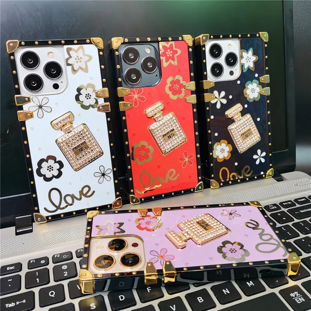 Fashion Square Cover Gold Bottiglia Di Profumo Flower Phone Case Per Xiaomi Redmi Note 12 Note 10 Pro Max 11 Pro 8 9 9A 9C 10A 10C 12C