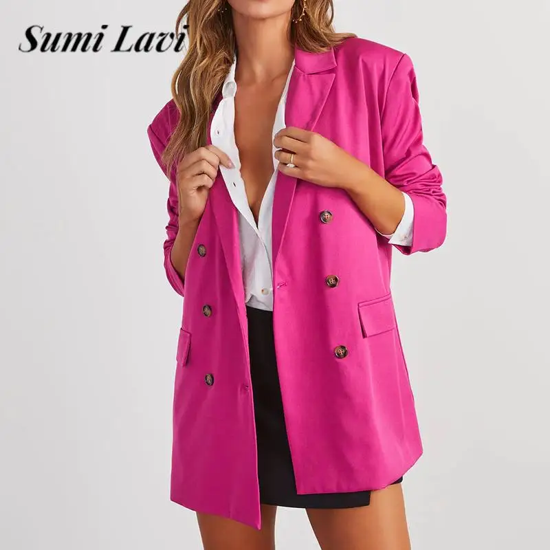 

Casual Turn Down Collar Solid Color Jackets Loose Blazers for Women 2023 Fashion Office Ladies Long Sleeve Double Breasted Coats