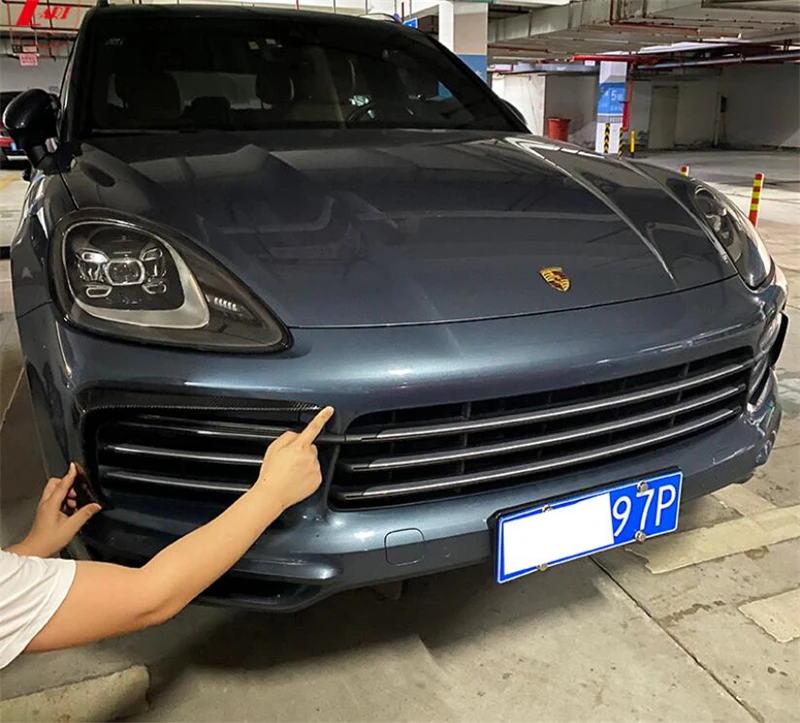 For Porsche Cayenne 9Y0 9Y3 2018 2019 20 2021 2022 Real Carbon Fiber Front Bumper Grill DRL Lip Spoiler Air Outlet Kit Splitter - - Racext 37