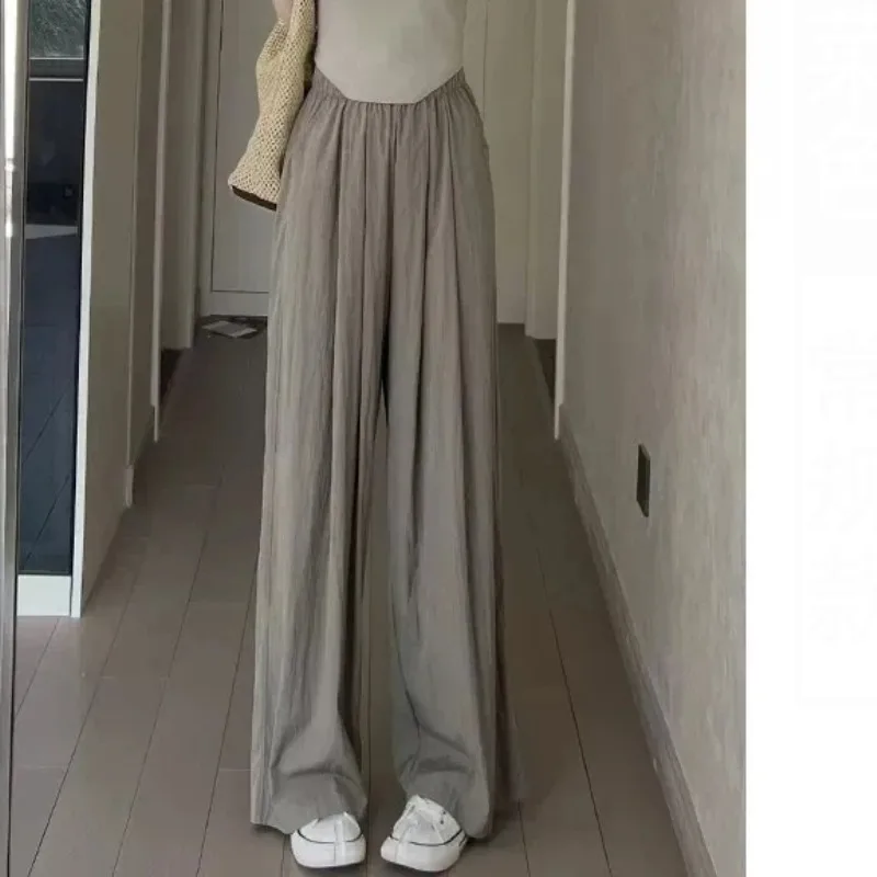 Spring Autumn Women's Solid Elastic High Waisted Loose Wide Leg Casual Sports Straight Trousers Fashion Office Lady Pants