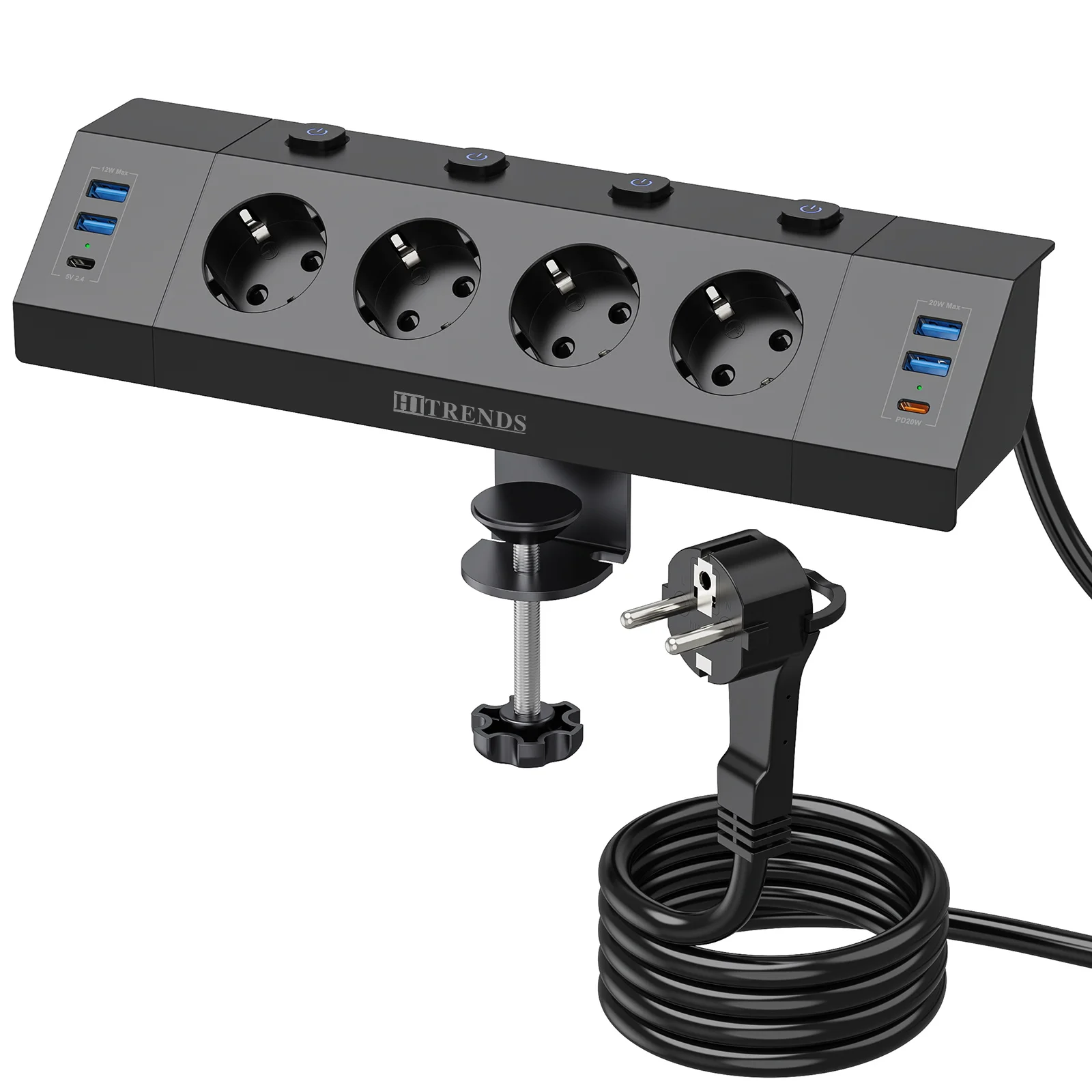 Eu Plug Multi-function power strip with desktop clamp 4 AC power outlets 4 USB-A and 2 USB-C 2 meter cable independent switches S37f30f935da94fbf9364d7ea42474907e