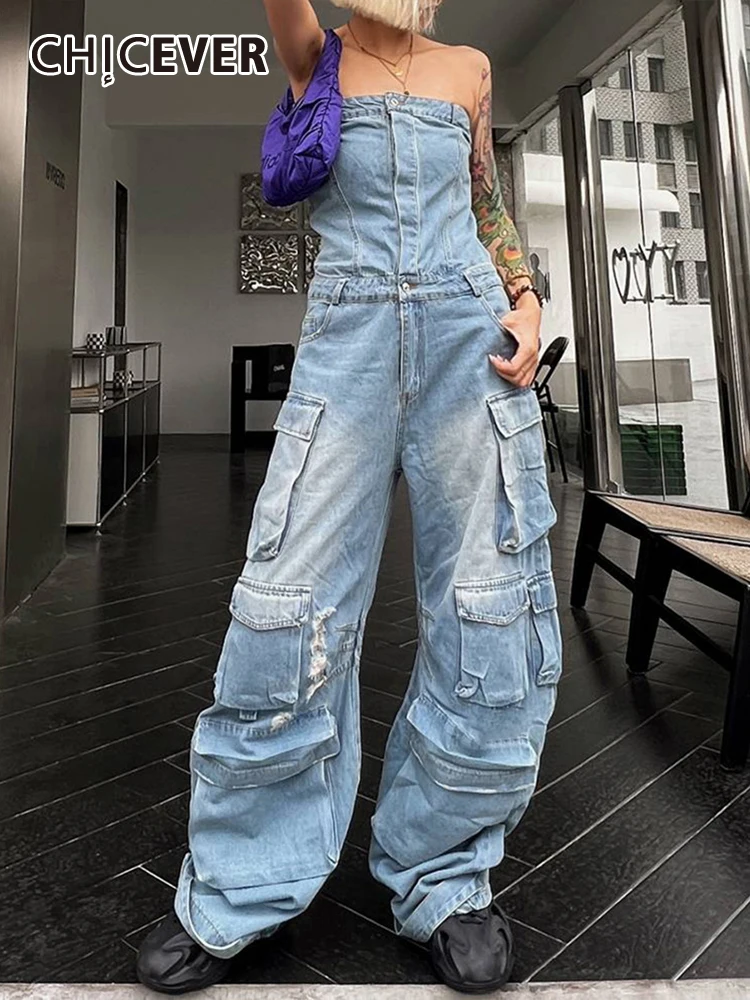 CHICEVER Streetwear Vintage Denim Jumpsuits For Women Strapless Sleeveless High Waist Patchwork Pockets Cargo Jumpsuit Female