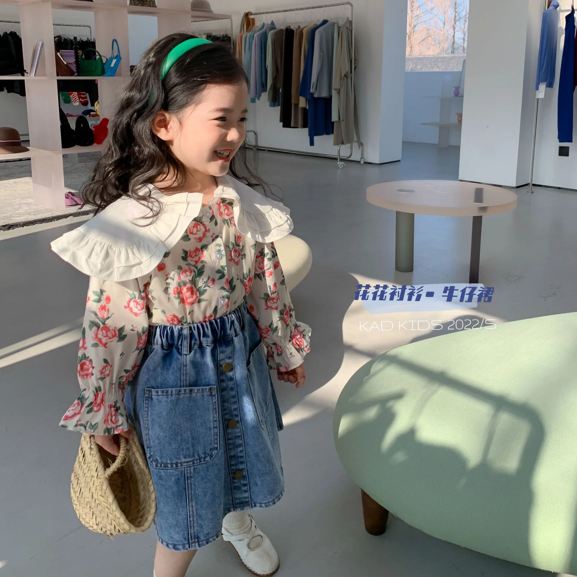 2022 Spring New Children Shawl Floral Shirt Denim Skirt Baby Girls Korean Sweet Suit