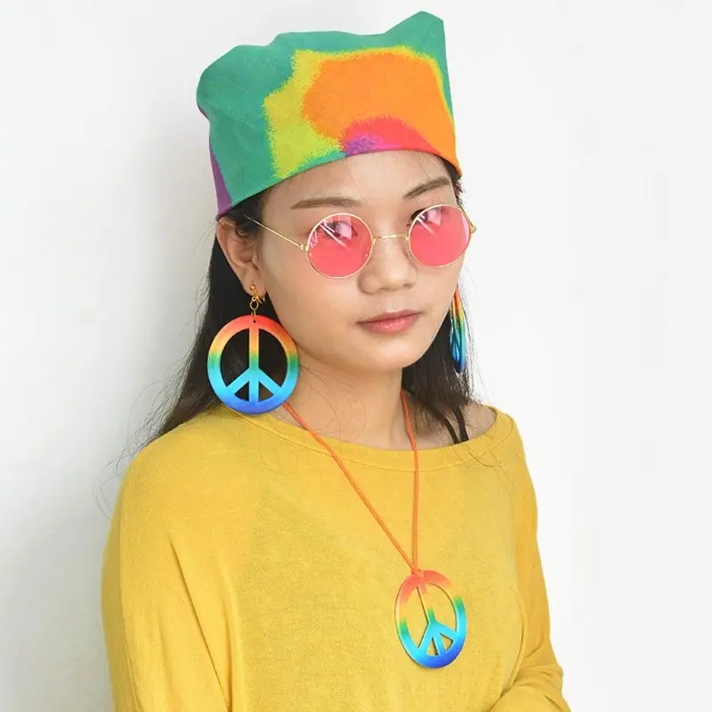Fashion Hippie Costume Jewelry Set 60s 70s Rainbow Peace Sign Pendant Necklace Earring Decoration Gift for Friend Sister 4
