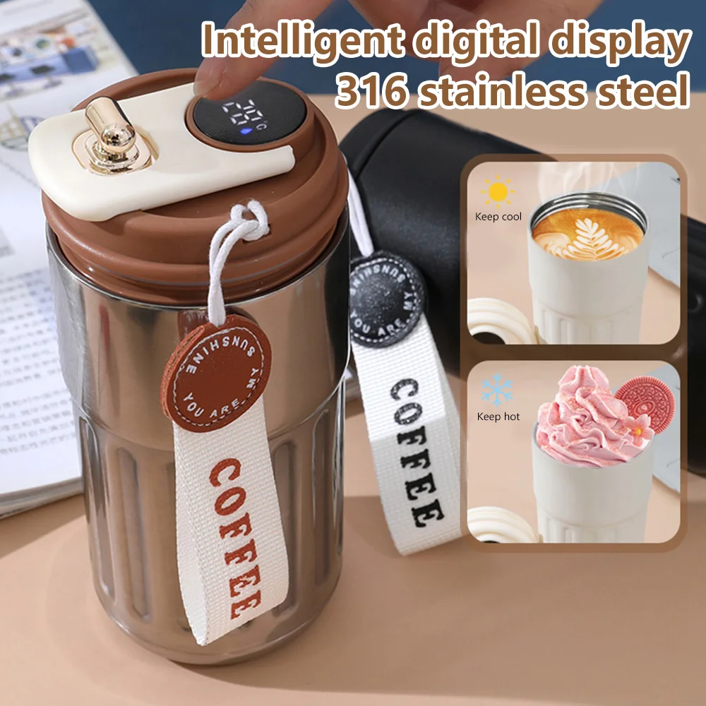 Coffee Thermos Cup Men's And Women's Fashion Portable Coffee Mug 450 ML  Intelligent Digital Display Temperature Tea Thermos - AliExpress