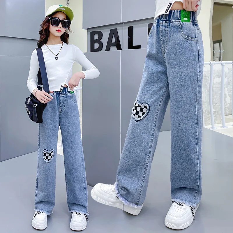 

Jeans for Girl 2022 New Autumn Fashion Wide Leg Pants High Waist Elastic Children Loose Casual Denim Straight Pants 3-14Year Old