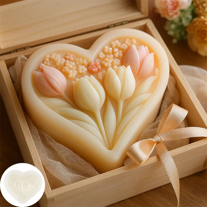 3D heart-shaped tulip silicone mold with clear texture easy to clean and demould for handmade DIY soap decoration ornaments