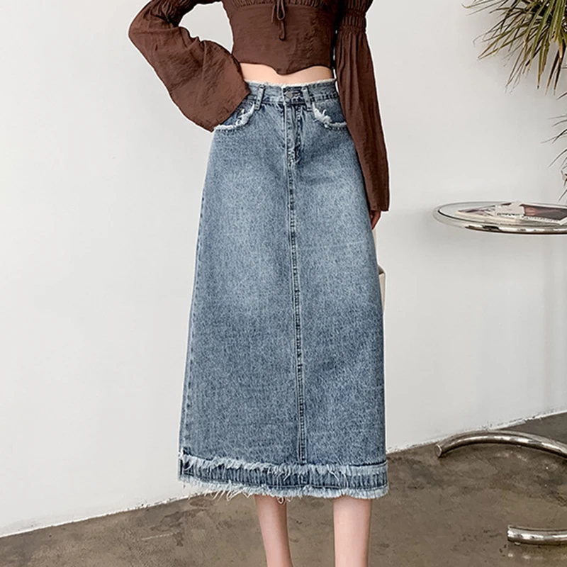 

Tassel Stitching Denim Skirt 2023 Summer Women Vintage High Waist A-line Midi Skirt Y2k Fashion All-match Loose Blue Jean Skirts