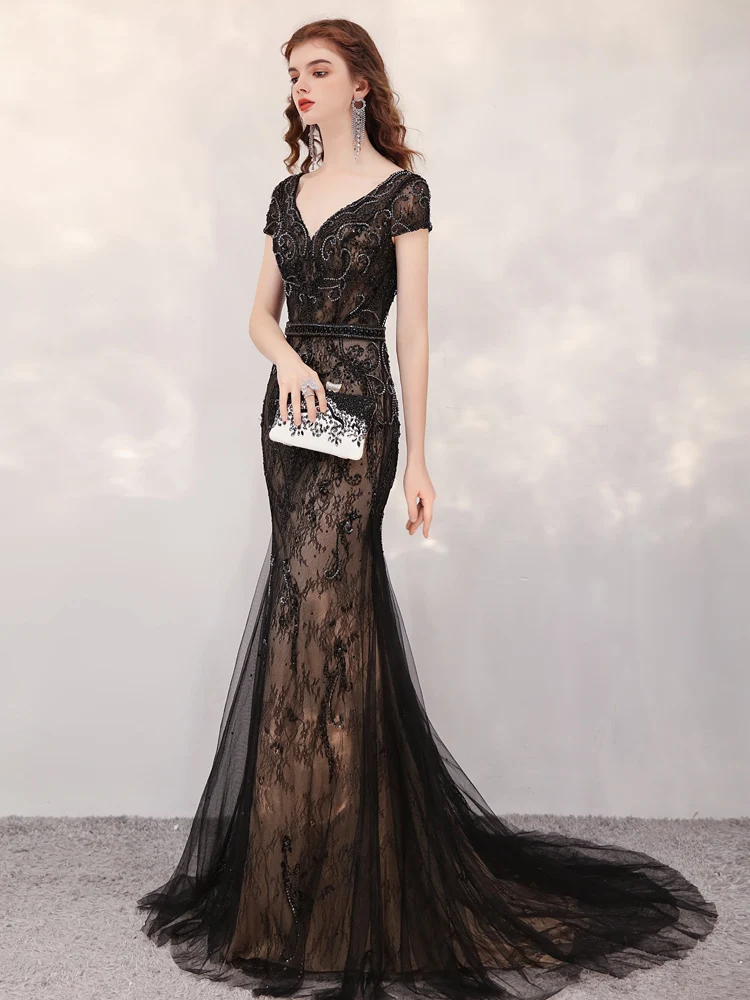 evening dresses with sleeves Sexy V Neck Crystal Beaded Red Lace Evening Dresses Custom made Mermaid Short Sleeves Formal Gown long sleeve maxi dress formal