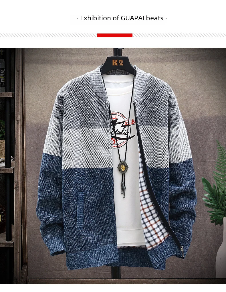 Description Picture 6 of itemAmazon Men's Stand Collar Color Block Fleece-lined Thickened Sweater Knitted Top Casual Cardigan Jacket Japanese Style