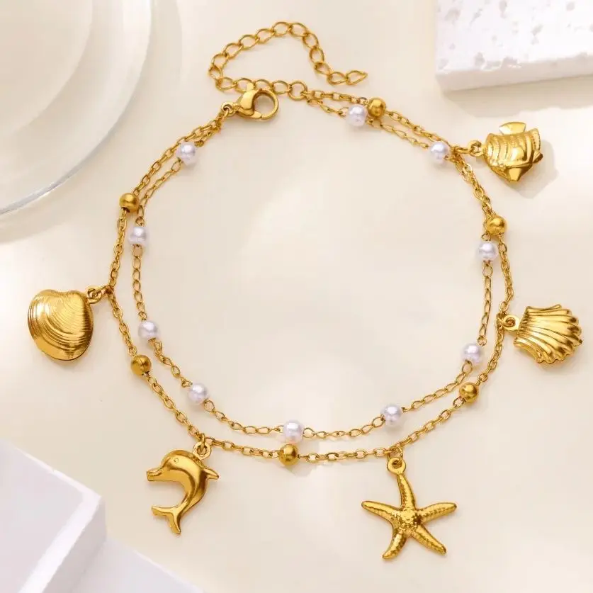 Starfish Shell Anklet For Women Gold Color Stainless Steel Pearls