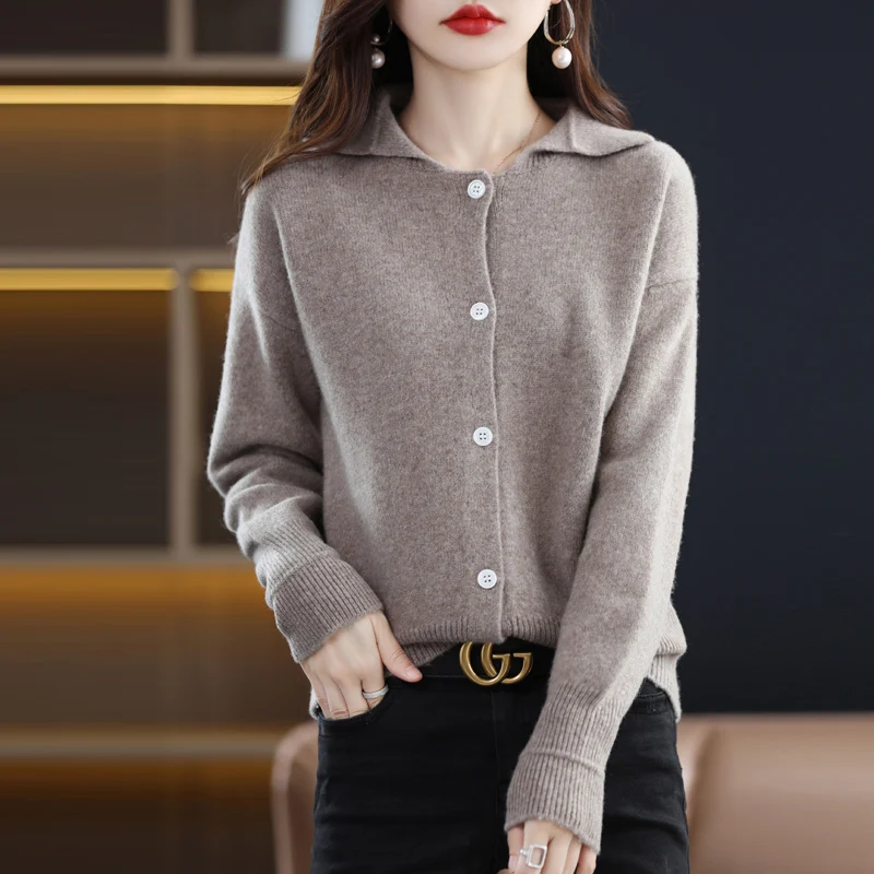 

Spring and Autumn New 100% Wool Cardigan Women's Polo Collar Look Thin Knitted Bottoming Shirt Outer Tower Cashmere Sweater Coat