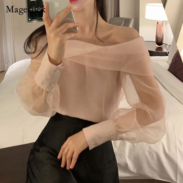 Blusa coreana transparente de manga larga mujer, camisa elegante con hombros descubiertos, moda de primavera, 2023 _ - AliExpress Mobile