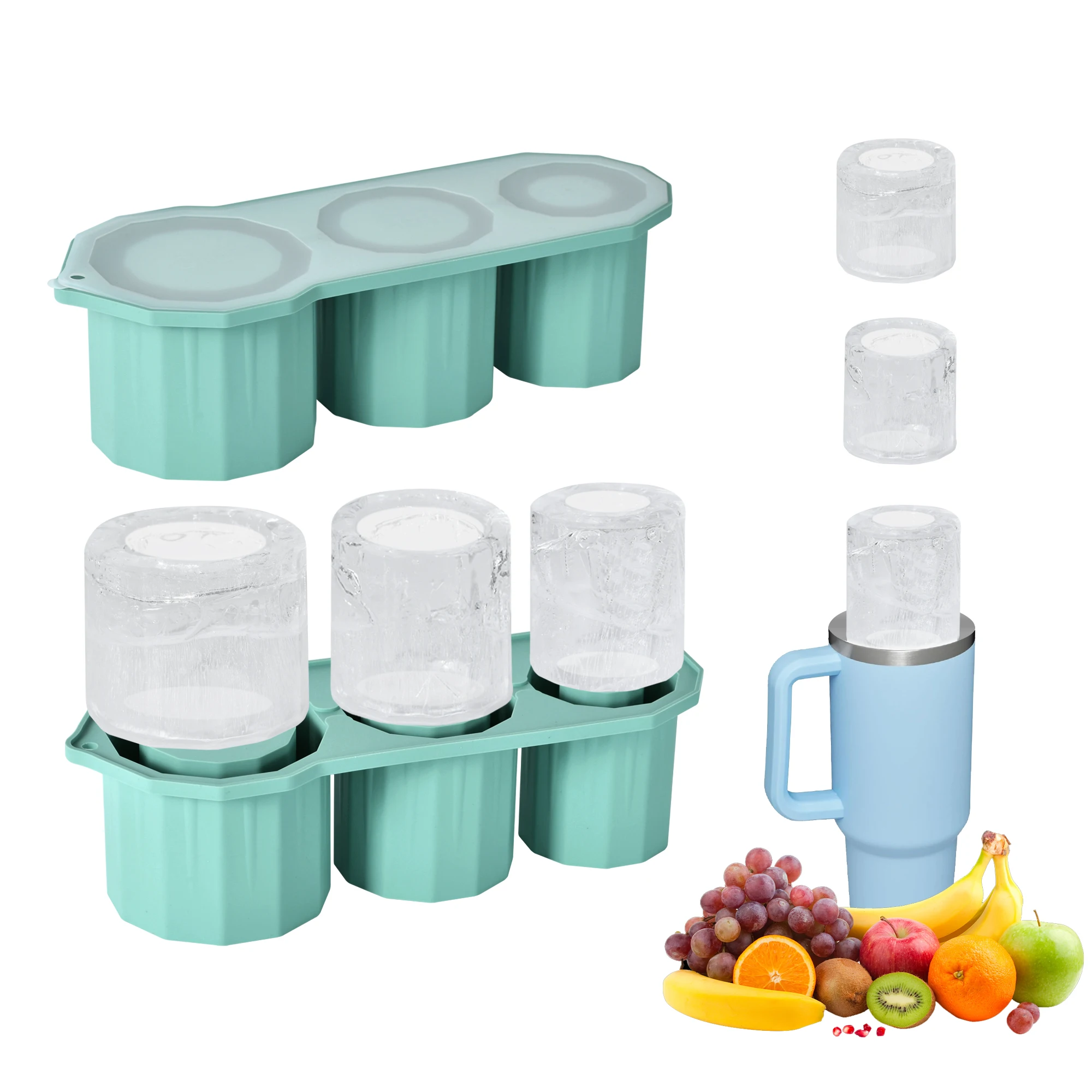 1Pc Green Silicone Ice Cube Trays with Lid BPA Free Cylinder Large Ice Cube Molds for Tumbler Cup Home Summer Juice Trays fo