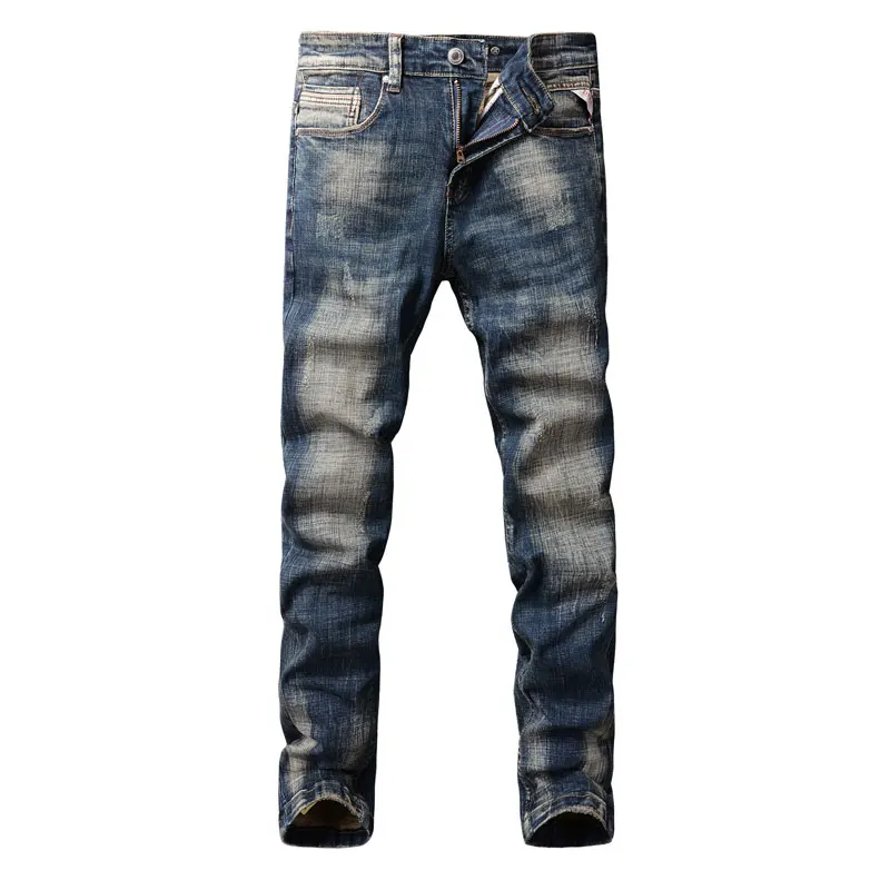 Fashion Designer Men Jeans Retro Black Blue Stretch Elastic Slim Fit Ripped Jeans Men Trousers Embroidery Vintage Pants Hombre