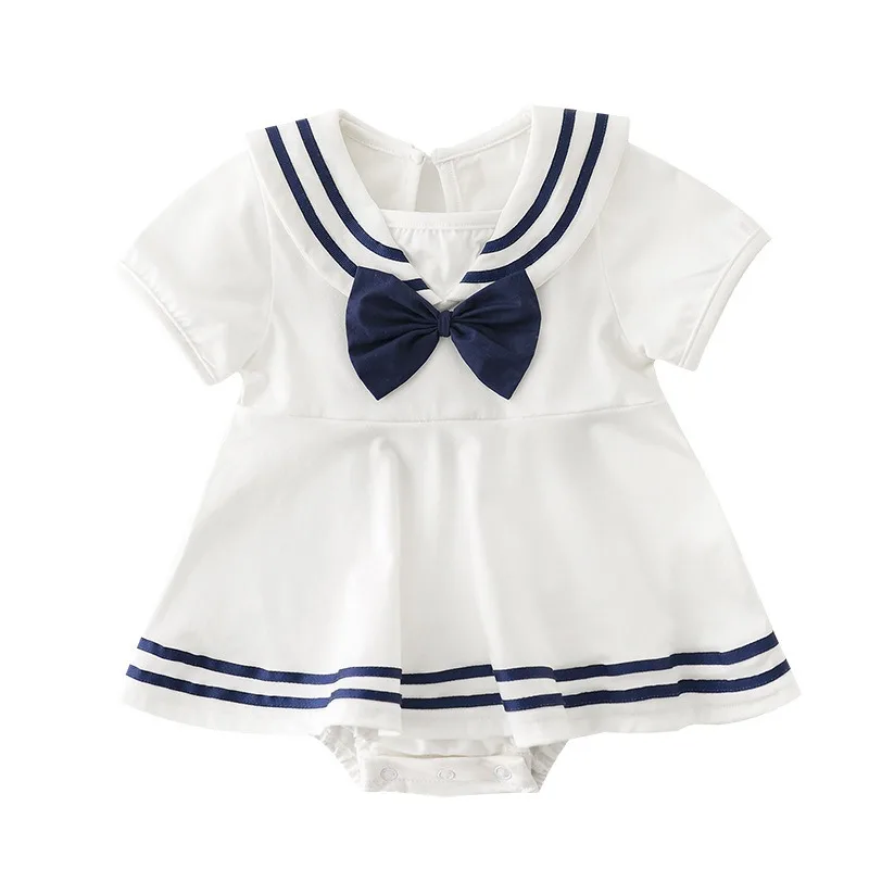 Nuova estate neonata body colletto blu scuro fiocco tinta unita maniche corte collo marinaio tuta infantile abbigliamento neonato H02101 - immagine 6