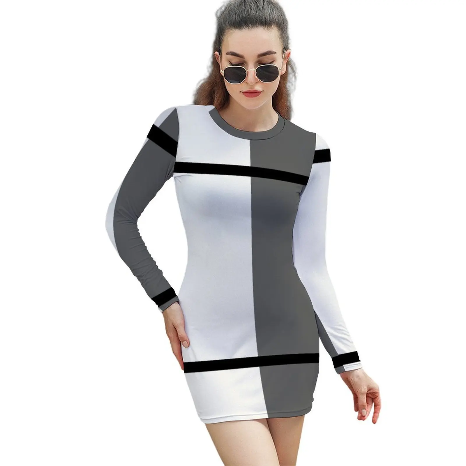 

Gray Black and White Minimalist Modern Stripes Vertical Solid Color Blocks Long-Sleeved Sheath Dress summer woman dress 2024