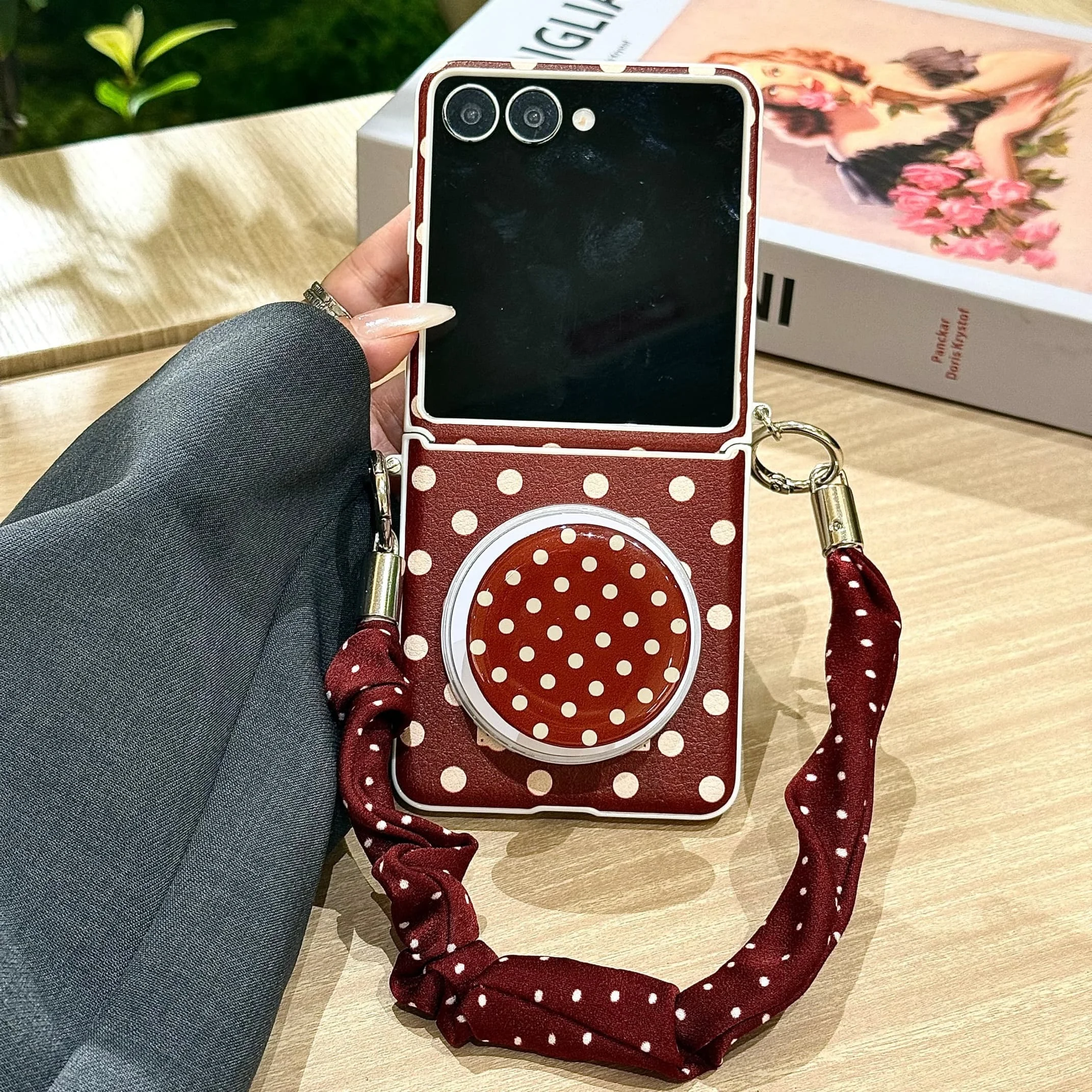 Korean Cute Polka Dot Magnetic Phone Case with Magsafe Stand and Chain