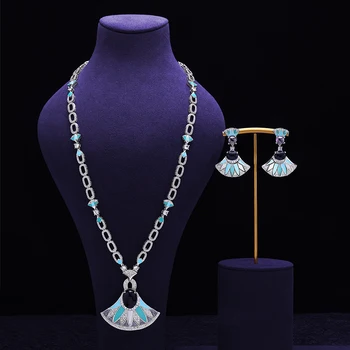 Turquoise Long Chain Wedding Jewelry Sets for Women 2PCS Necklace Earrings Set Dubai Saudi Arabia Bridal Accessories 1