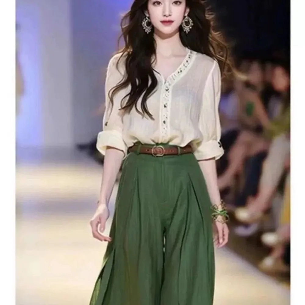 

Белая льняная рубашка с v-образным вырезом, костюм из двух предметов, юбка-брюки, женский летний модный костюм в этническом стиле с принтом и коротким рукавом