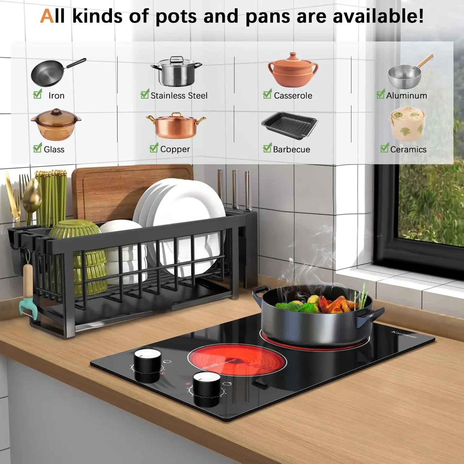 Karinear 110V Electric Cooktop 2 Burners Electric Stove 12 Inch Knob Control Countertop & Built-in Ceramic Cooktop (White Knob)