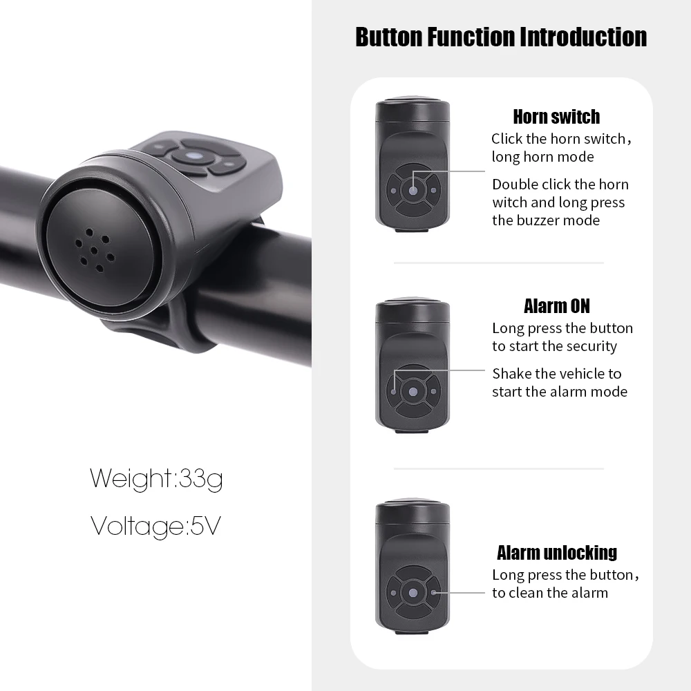 Klaxon électrique Puissant Pour Vélo - 120dB, Rechargeable USB, Alarme, Noir