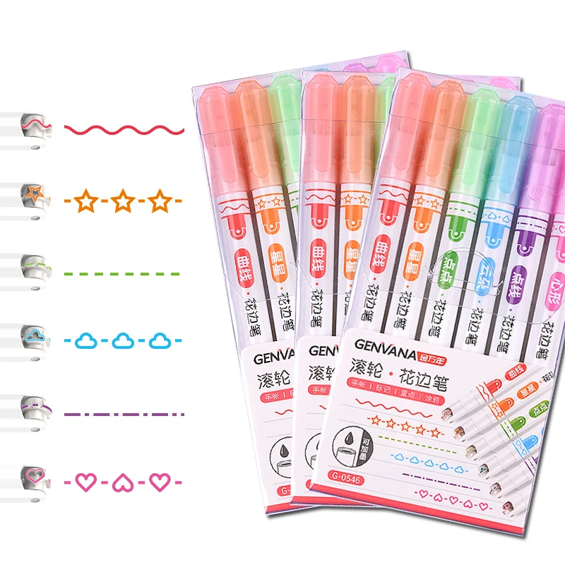 funny double line pattern outline marker pen hand copy account multi colored curve pen quick dry mark notes painting highlighter New lace roller highlighter curve / wave / cloud hand account painting hand copy newspaper border pen outline art marker pen