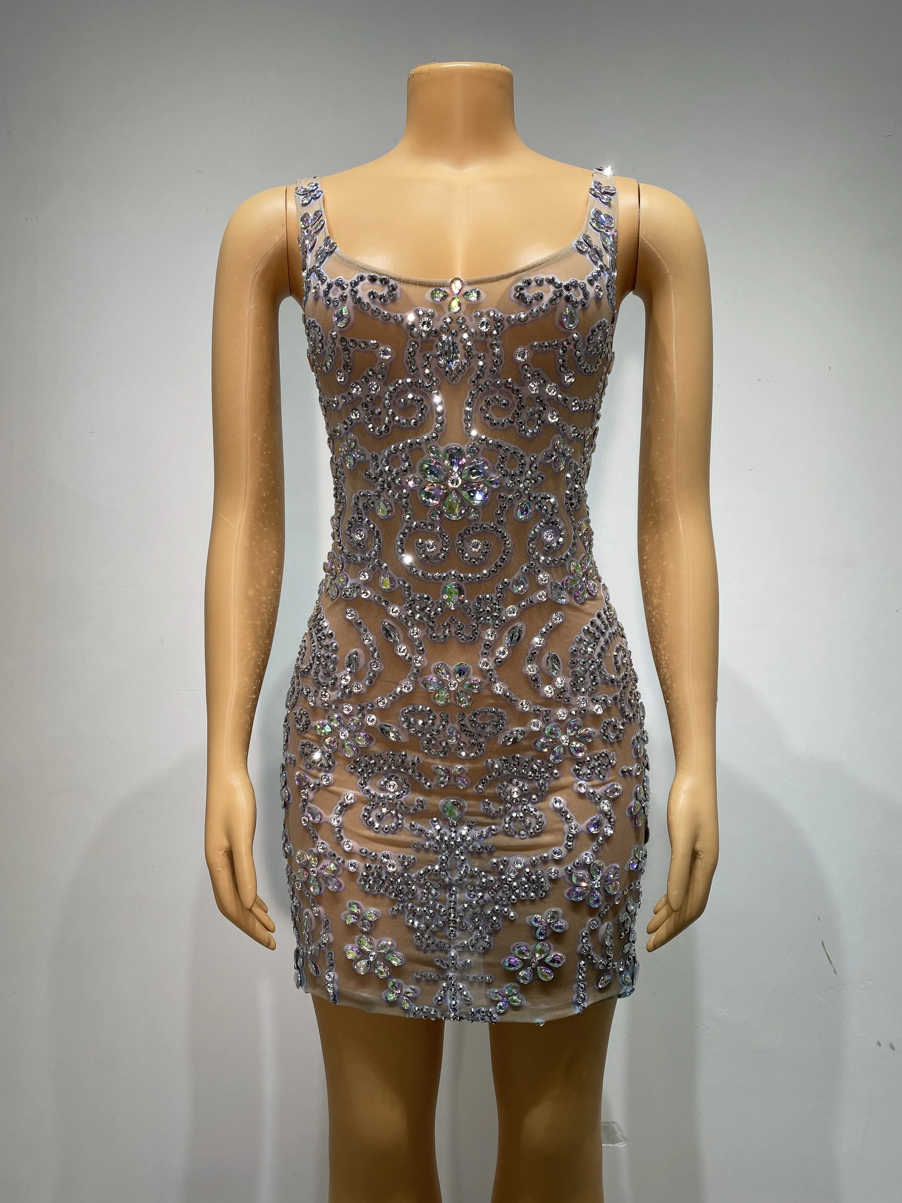 Silver Rhinestones Designer Mini Dress Women Sexy Mesh Backless Luxury  Evening Gowns Birthday Party Performance Stage Costume - AliExpress  200000345