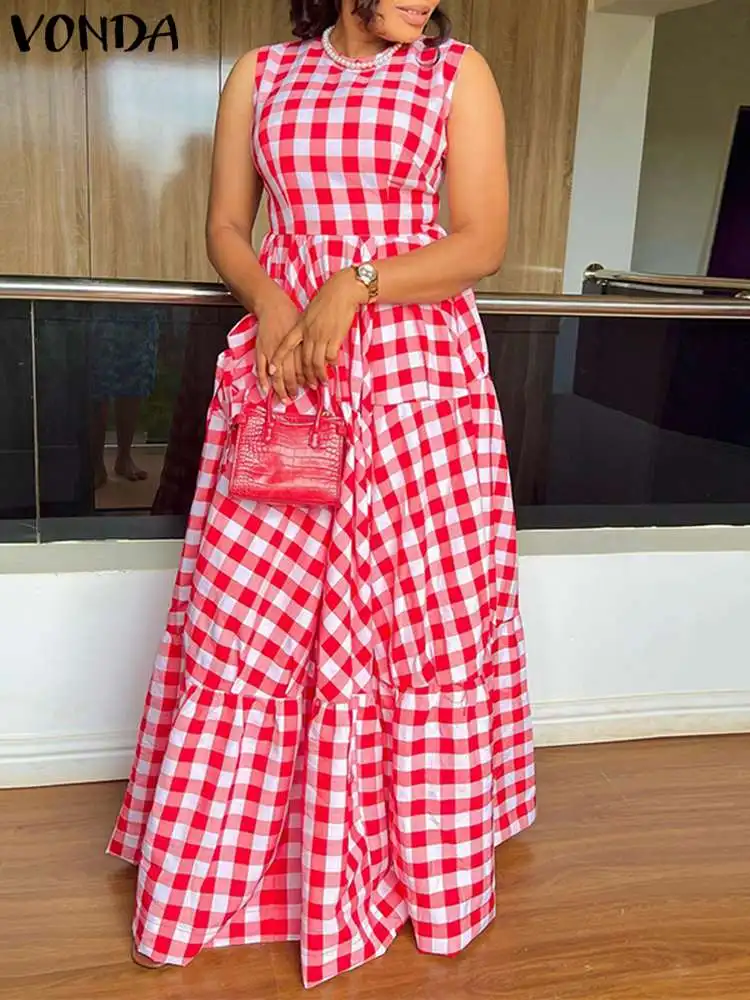 

VONDA Bohemian Summer Sundress Women 2024 Sexy O-Neck Sleeveless Plaid Printed Maxi Long Dress Casual Loose Party Beach Vestidos