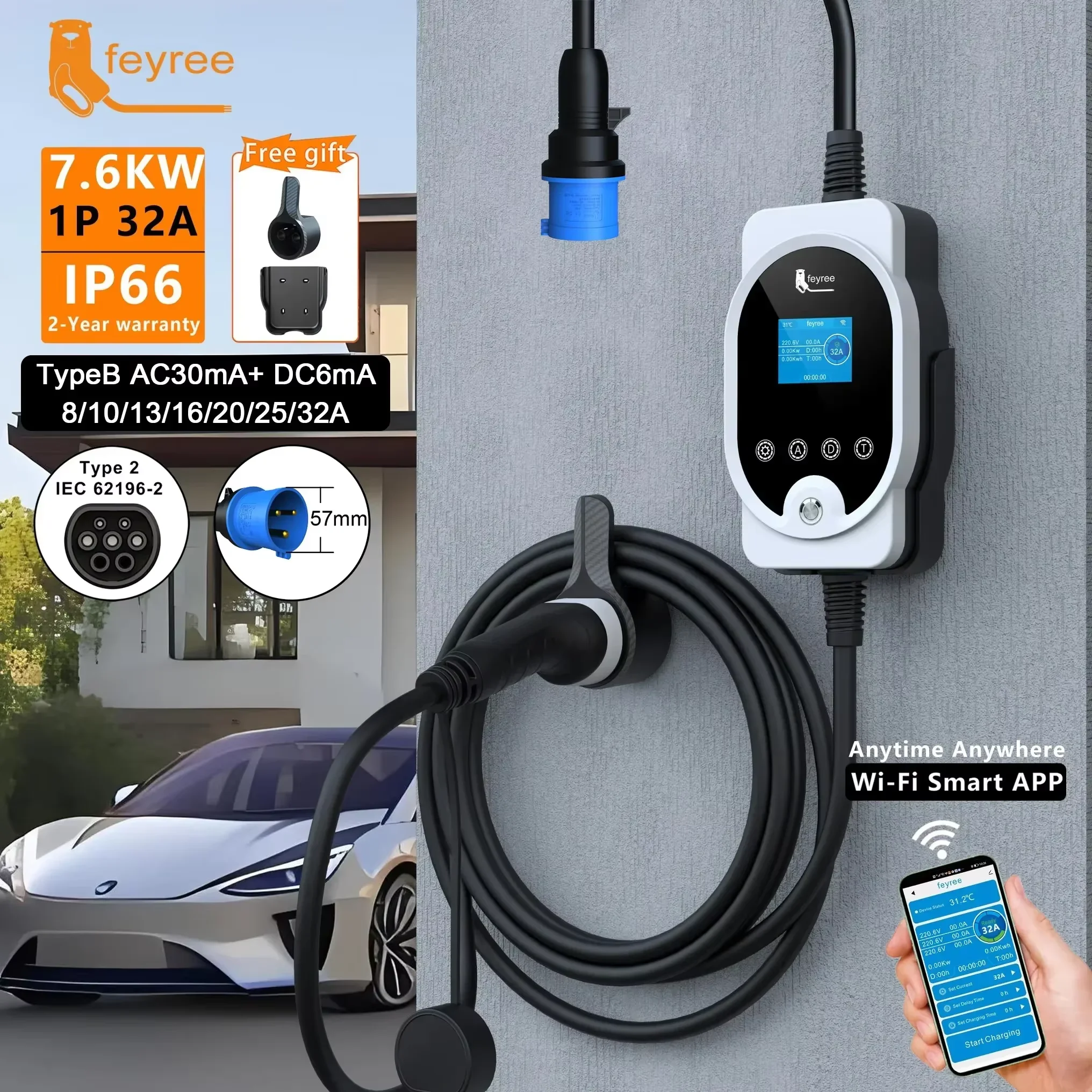 feyree EV Charger Portable Type2 7kW 32A 1P Fast Charging APP Wi-Fi Control by Setting Current & Charging Time for Electric Car