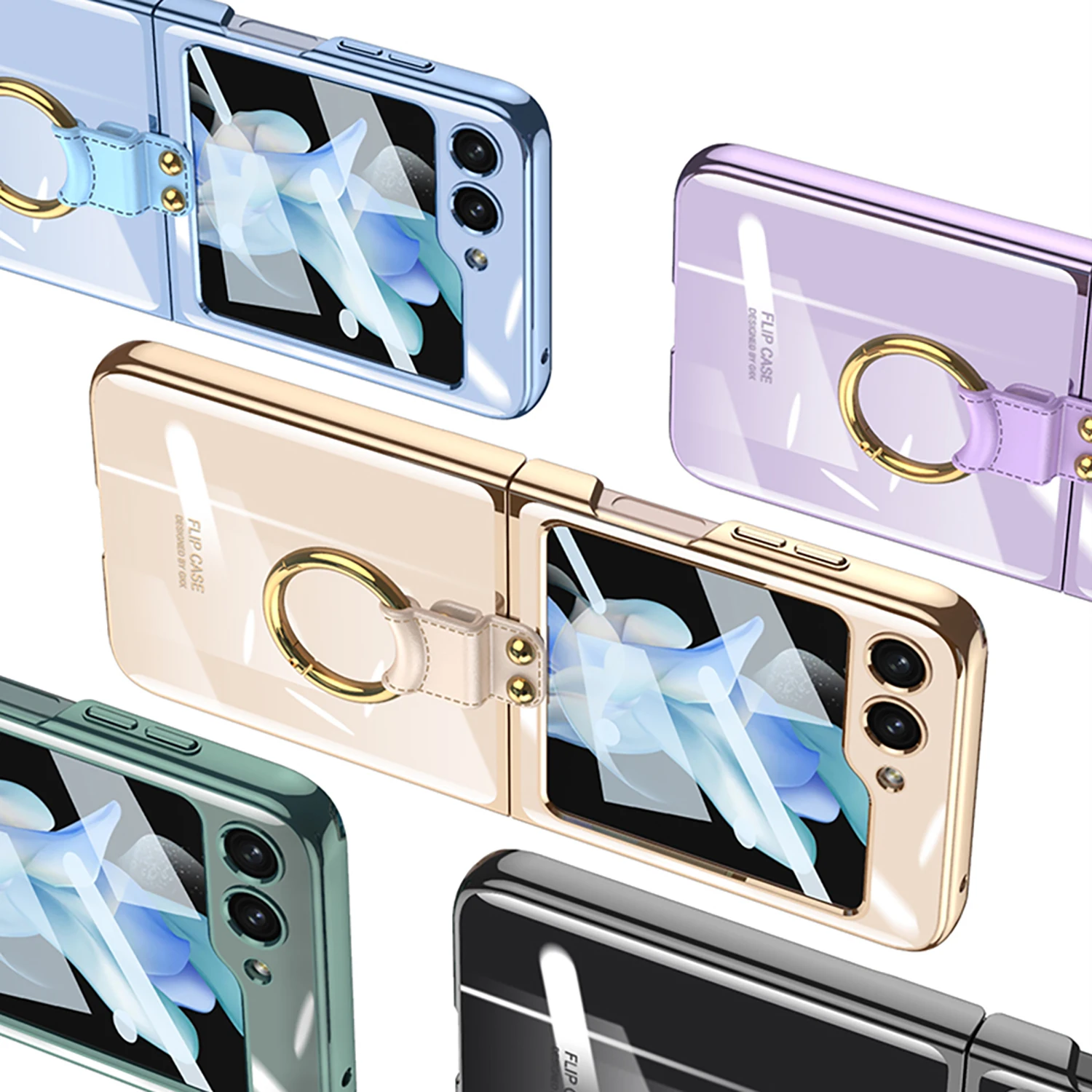 For Samsung Galaxy Z Flip 5 Case Electroplated Ultra-thin Transparent Ring Bracket Folding Shockproof With Mirror Film Hard Case
