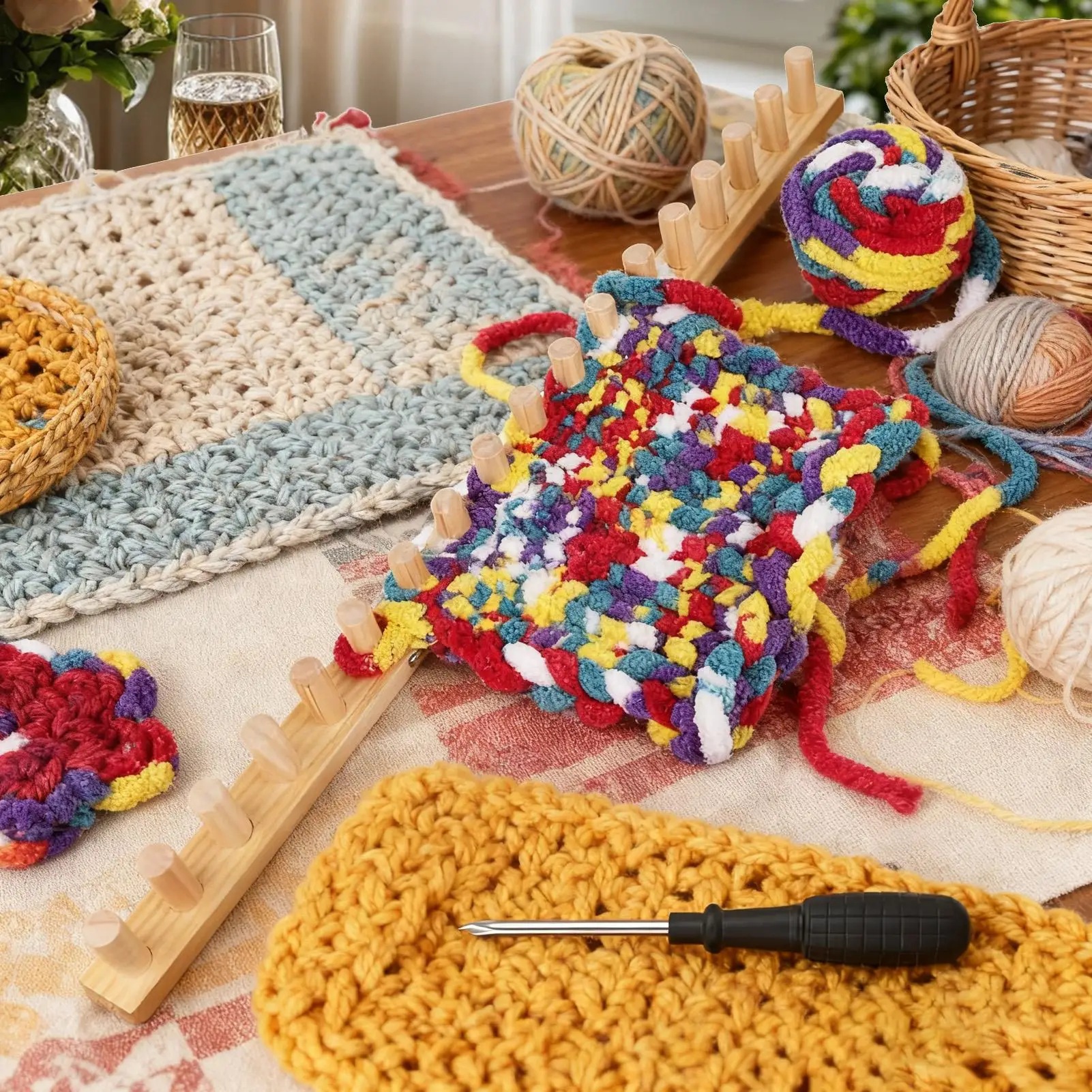 Houten breiraam met bolletjes garen en een gebreid lapje op tafel