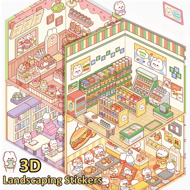 3D Landscaping House Stickers DIY Cartoon Miniature Scene Cabin Scene Stacking Pasting Hand Account Gift Kid Child Stationery