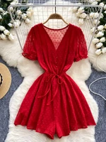 Foamlina Casual Women Summer Playsuits Solid Color Polka Dot V Neck Short Sleeve Buttons Elastic Waist Wide Leg Shorts Jumpsuits