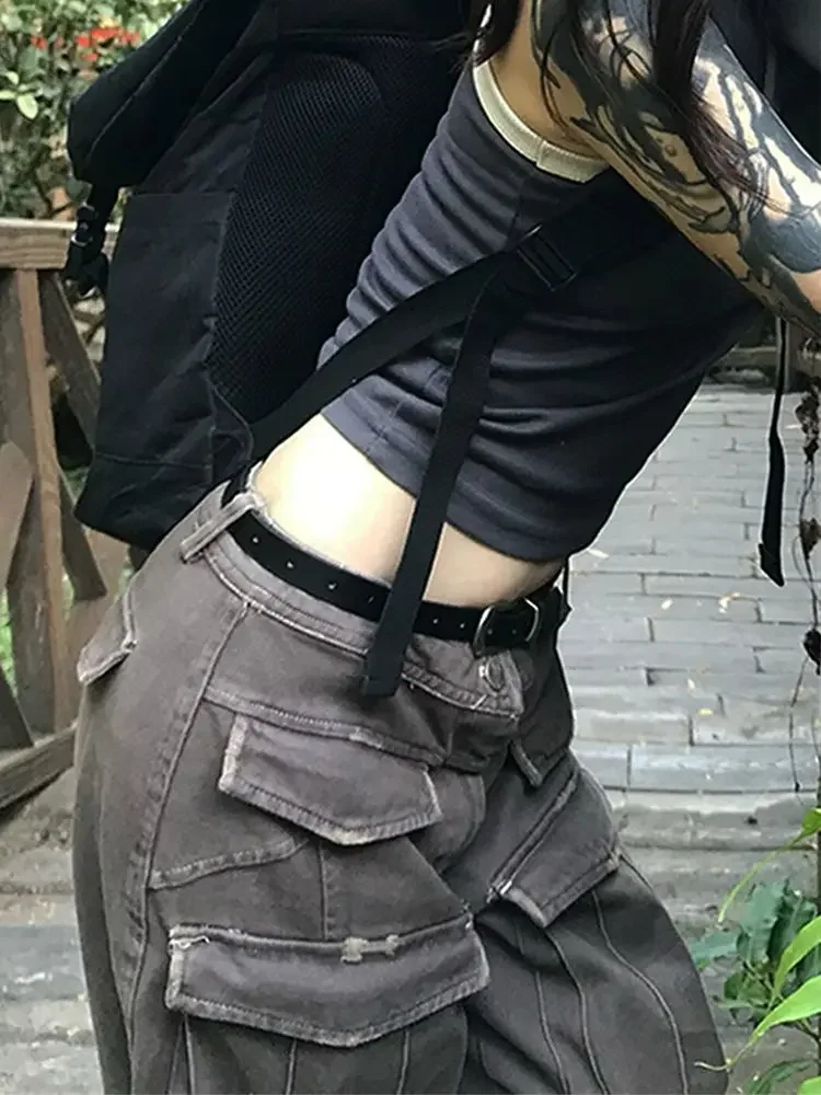 Womens Cargo Pant with Pocket High Waisted Loose Straight Leg Casual Pants @harajuku streetwear y2k boyfriend bf cloth plus size