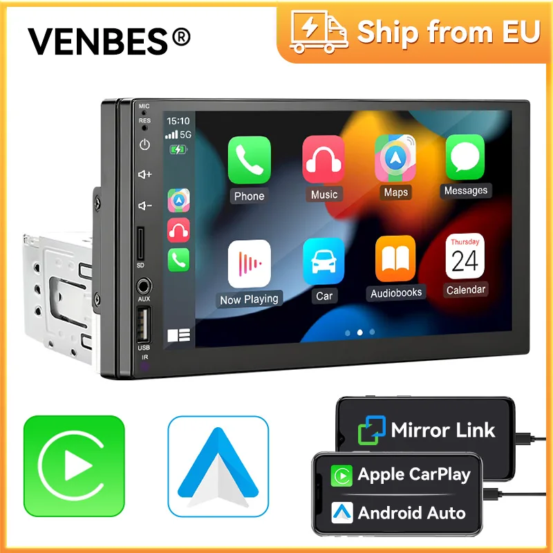 VENBES 1 DIN Radio para automóvil con CarPlay y Android Auto Pantalla táctil de 7 pulgadas Soporte Mirror Link Bluetooth Cámara de marcha atrás opcional 1